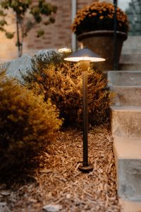 Solar light closeup in a garden near a staircase that leads up to the front door of a house.