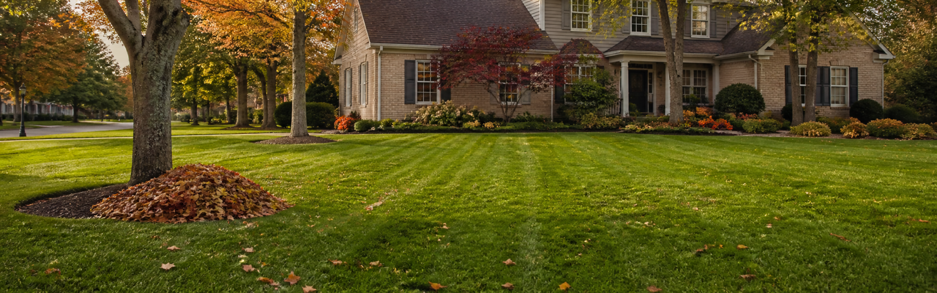 Professionally maintained lawn and landscape in early fall